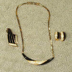 Christian Dior Pave Rhinestone Black Enamel Crescent Gold Plate Necklace Set